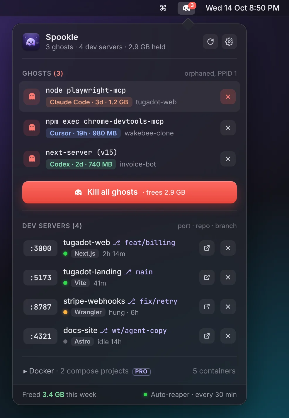Mockup of the Spookle menu-bar popover listing three ghost processes with their agent, age and memory, a Kill all ghosts button, and four dev servers with port, repo and branch.