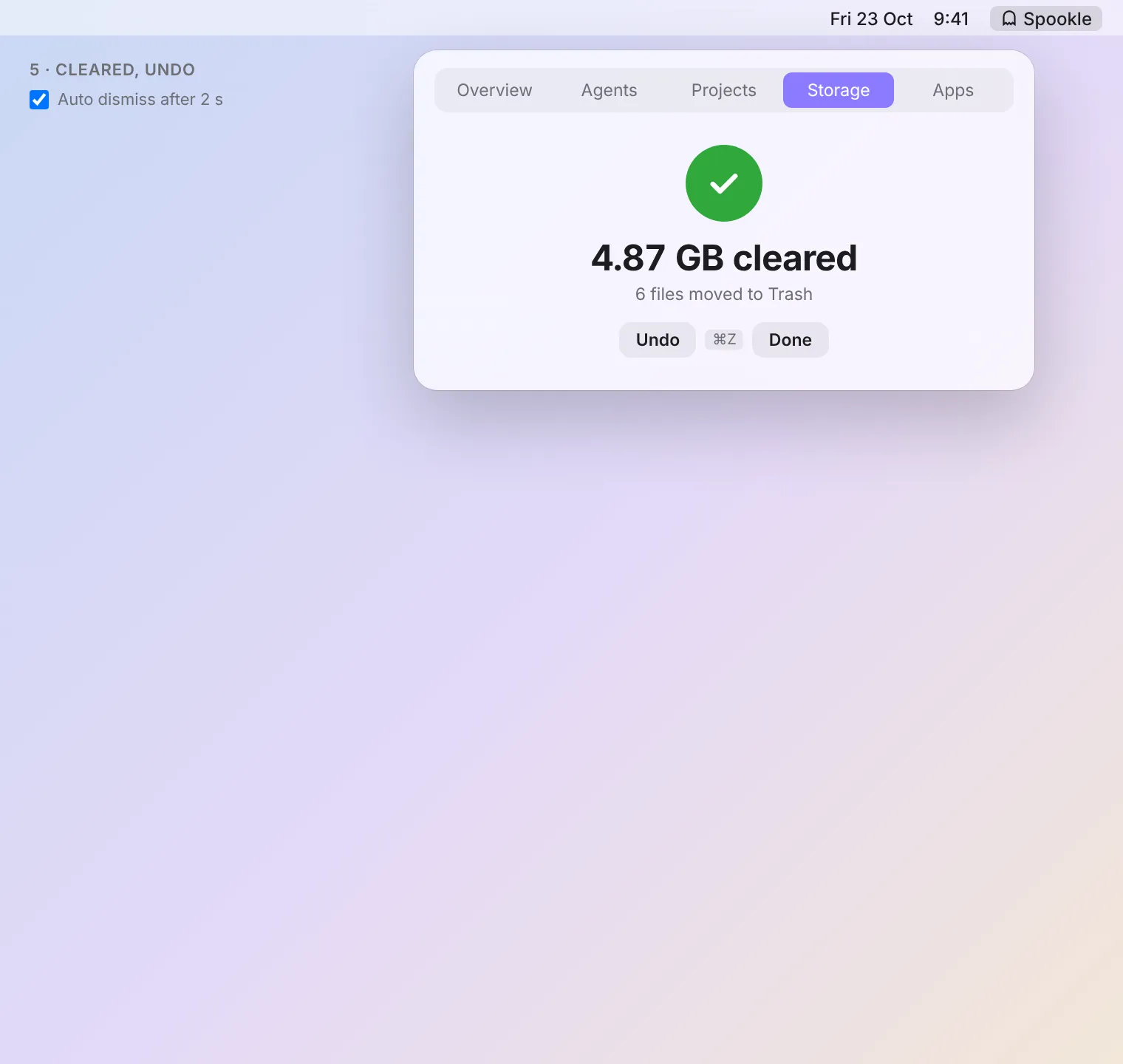 Big files cleared to the Trash with Undo. Example data.