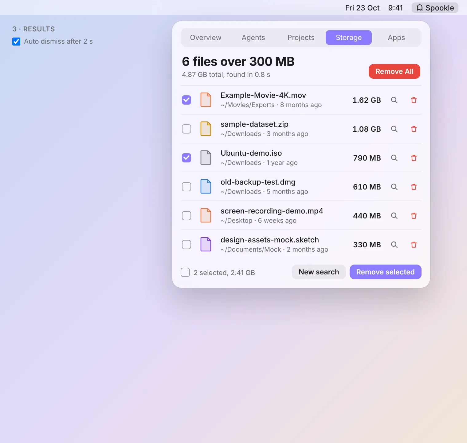 Storage in Spookle. Example data.