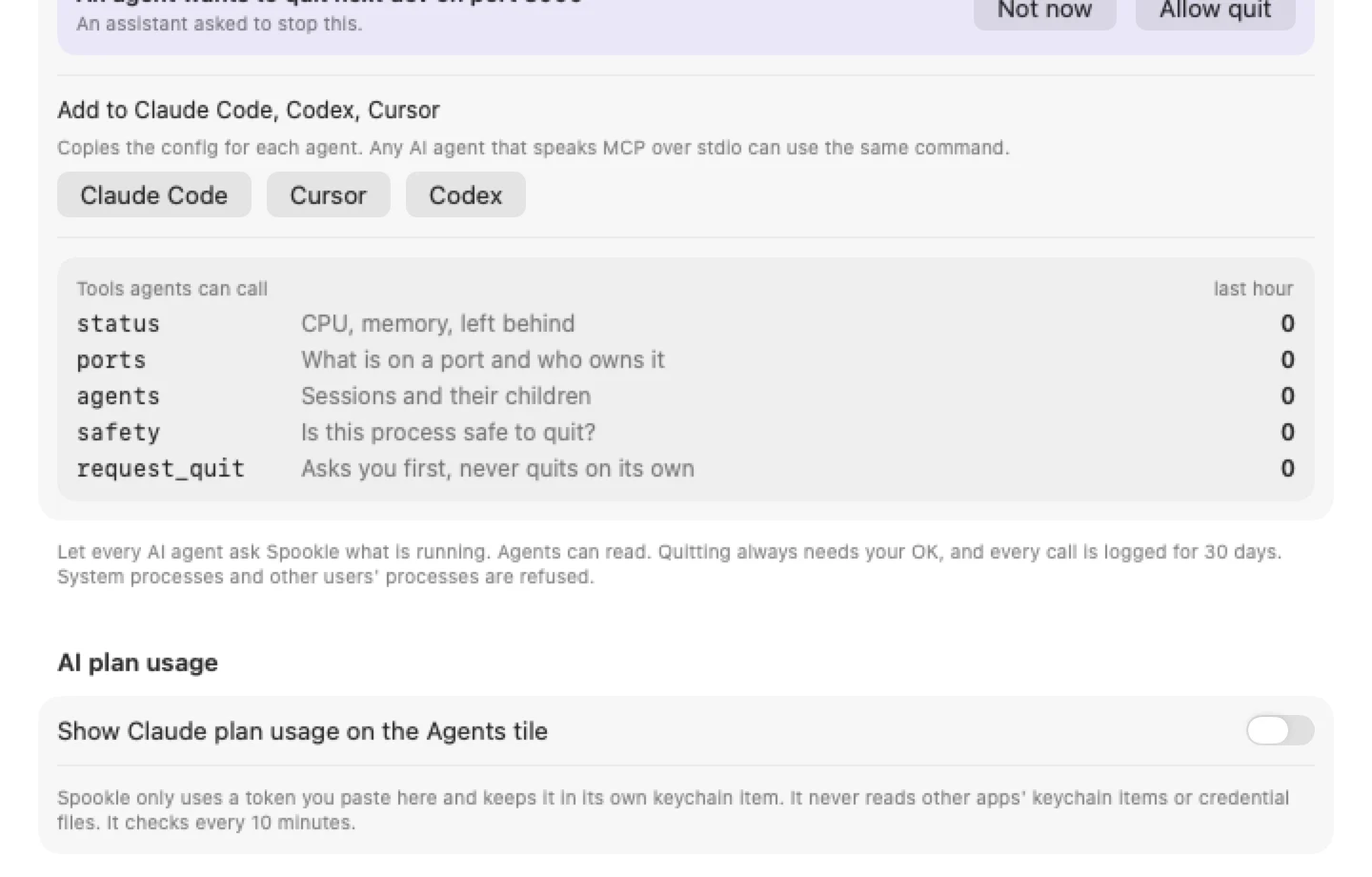 Spookle settings, Integrations tab with the MCP server config for each AI agent. Example data.