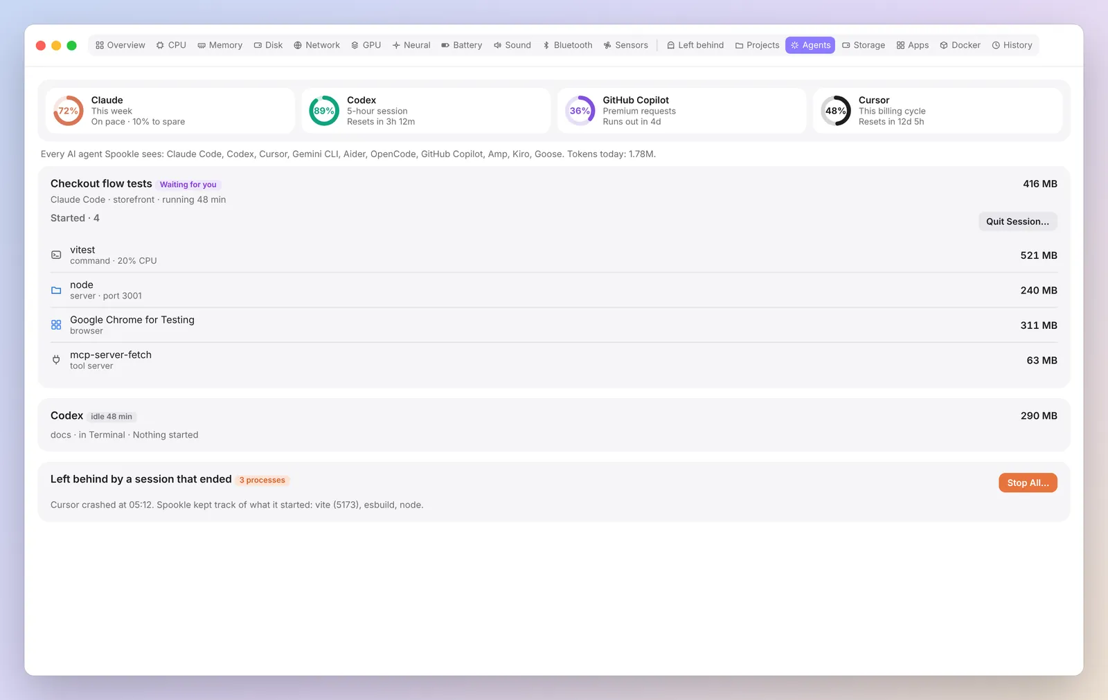 Agents and Claude plan usage in Spookle. Example data.